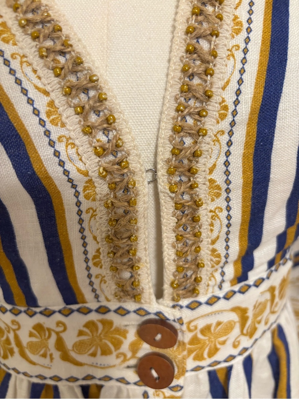 Farm Rio Pineapple Linen Midi Dress Blue Gold Embroidered Puff Sleeve Small NWT - Picture 6 of 14